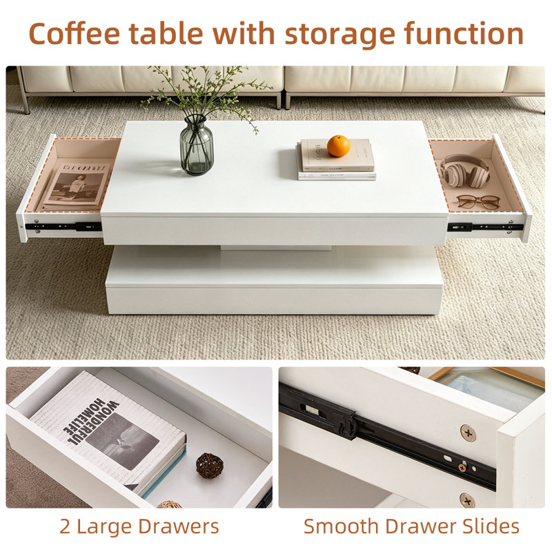 White High Gloss LED Coffee Table with 2 Side Drawers 