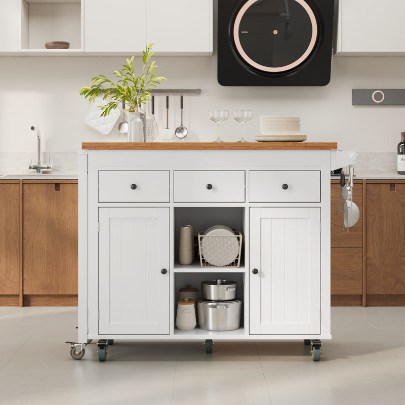 Modern Kitchen Island with Extendable Dining Table, Large Rolling Kitchen Cart with 3 Drawers, 2 Cabinets and Open Shelves, Mobile Kitchen Table on Locking Wheels