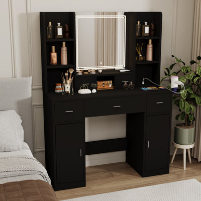 Black Wood Makeup Vanity Desk with Smart LED Mirror 5 Drawers and Storage Shelves Dresser Table for Bedroom 55.91"H x 15.75"D x 43.31"W