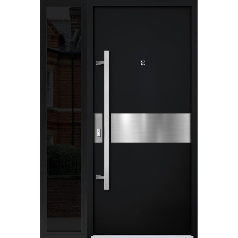 Modern Black Enamel Steel Front Door with Side Window