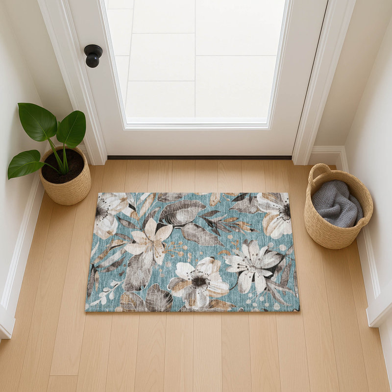 Machine Washable Indoor/Outdoor Millner ACN2260 Floral Rug, Rectangle 1'8" x 2'6"
