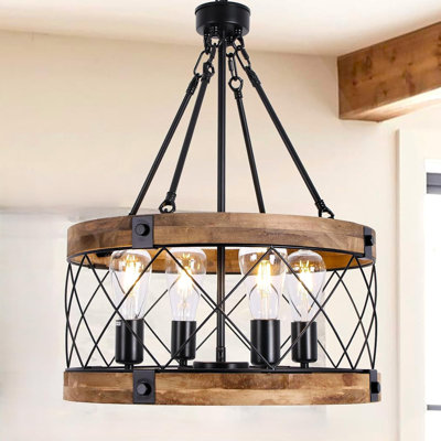 Farmhouse Chandelier With Solid Wood And Metal Frame - 18 Inch Rustic Pendant Light Fixture For Dining Room, Kitchen Island, Living Room, Entryway - Adjustable Height, E26 Base (Bulbs Not Included)