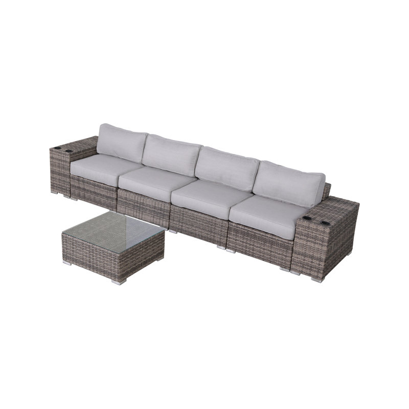 Ensemble de conversation en osier pour 4 personnes avec coussins Moyeda, Mélange de gris