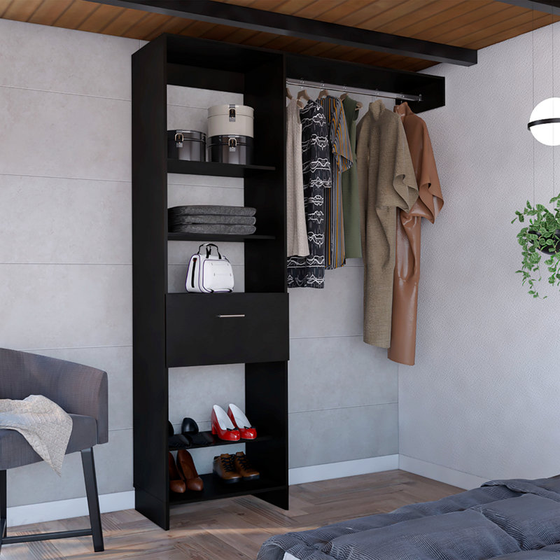 Closet System, Metal Rod, Five Open Shelves, One Drawer -Black, Black