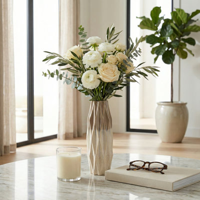 Modern Faceted Ceramic Table Vase for Tabletops - Decorative Tall Flower Vase for Consoles, Entryway, or Home Decor - Ivory & Brown