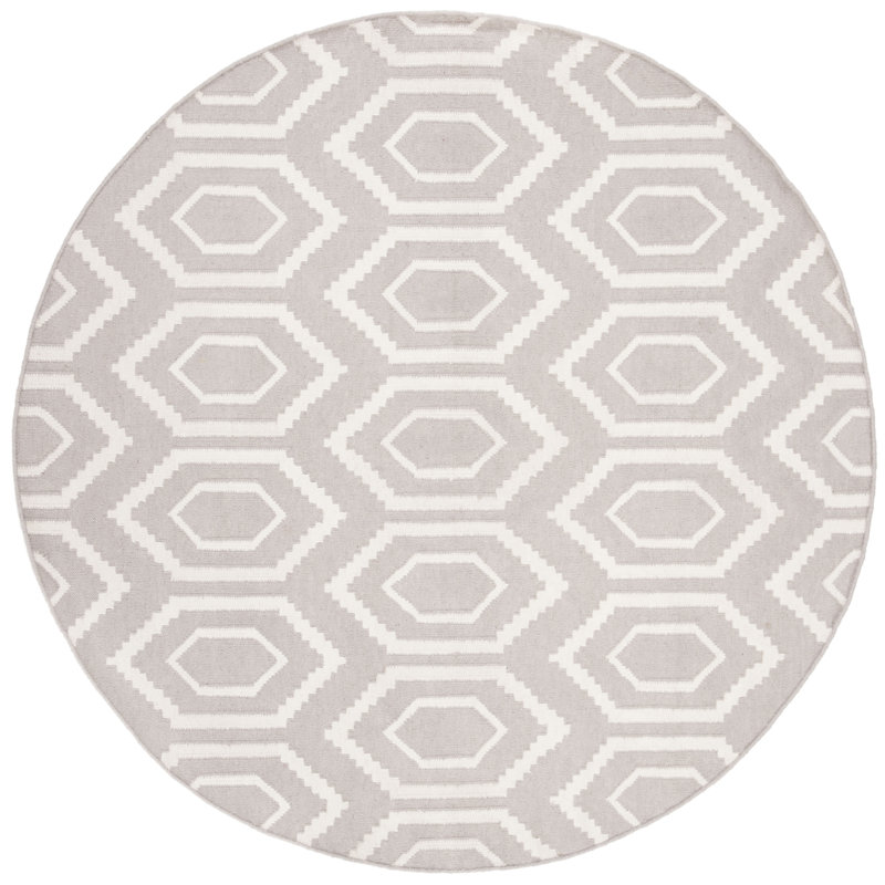 Fung Hand Woven Flat Weave Wool/Cotton Geometric Rug in Gray/Ivory, Round 8'
