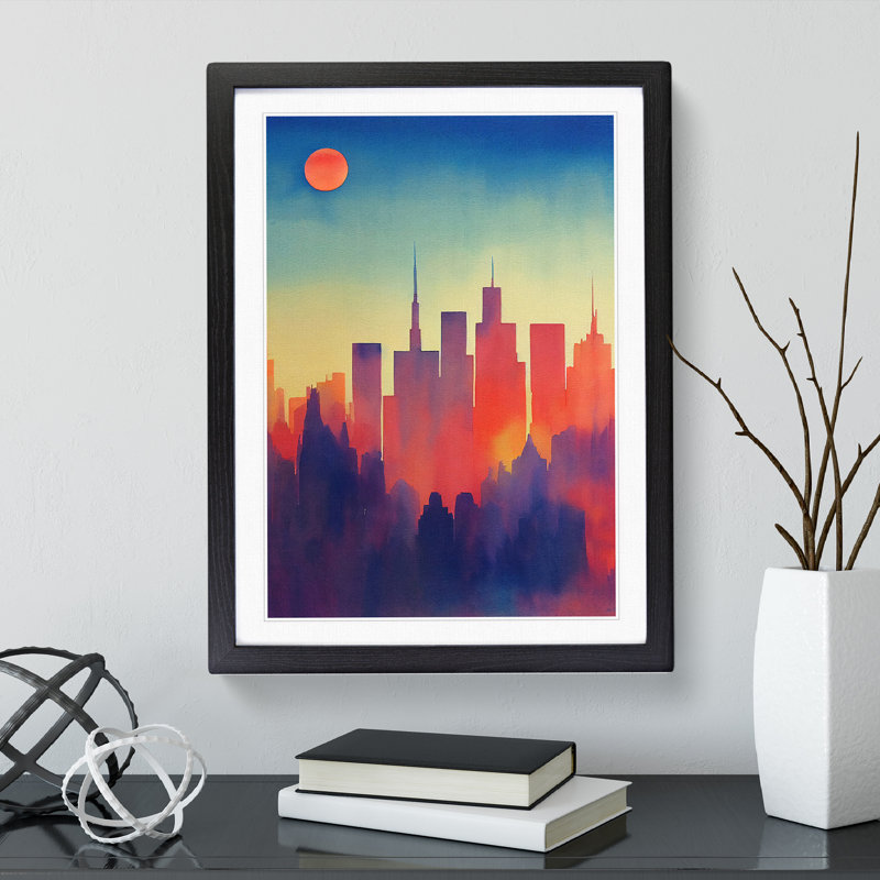 City Skyline Watercolour No.5 - Wall Art, Black Framed, 36cm H x 27cm W x 2cm D, White