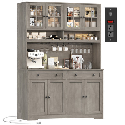 Dayal 75.4"H Modern Kitchen Pantry Cabinet with Charge Station, Large Food Pantry with Microwave Shelf & Wine Storage, Removable Goblet Holder