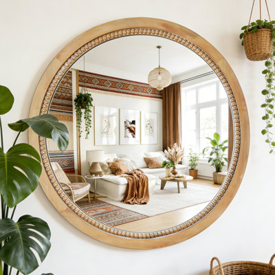 Round Wood Mirror,32 inch Circle Rustic Farmhouse Natural Wooden Frame Boho Beads Wall Mirror for Bathroom,Living Room,Bedroom or Entryway