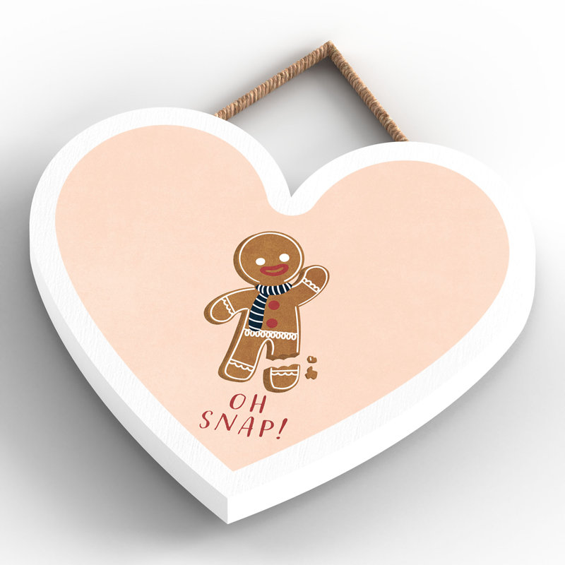 Xmas Oh Snap Gingerbread Wooden Heart Plaque, 10cm H x 9cm W x 0.5cm D
