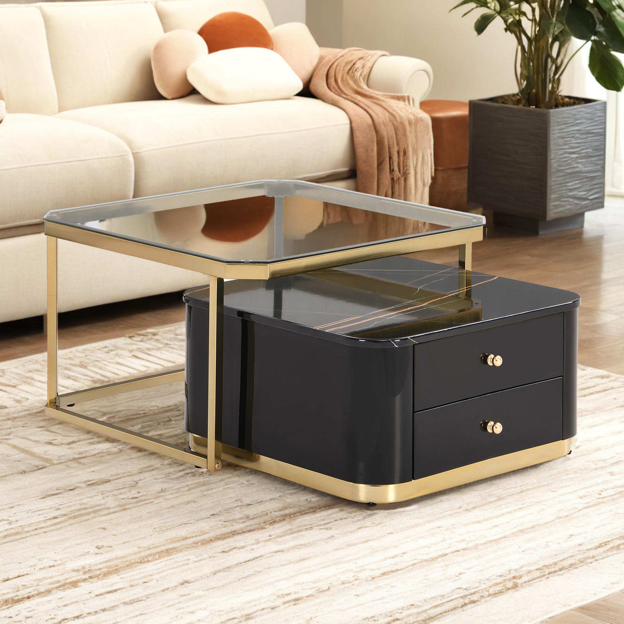Mercer41 Modern 2 Pieces White Square Nesting Coffee Table with Drawers ...