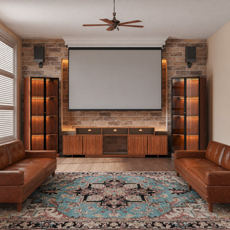 Mid-century Modern Brown Living Room Five-piece Set Entertainment Center With Storage For 65/75/85/95/100 Inch TV, Include Wooden 62.9-98.4 Inch Expandable TV Stand Glass Display Cabinet And 86.6" Tufted Leather Sofa