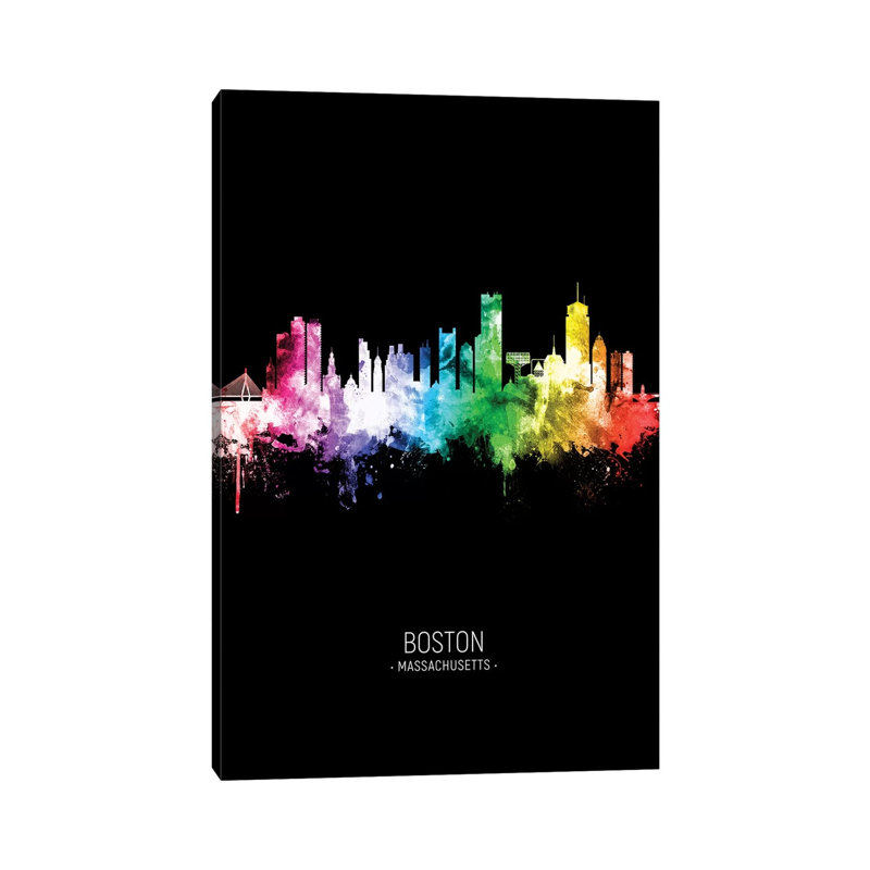 Boston Skyline Portrait Rainbow Black by Michael Tompsett - Wrapped Canvas Print, 20.32 cm H x 30.48 cm W