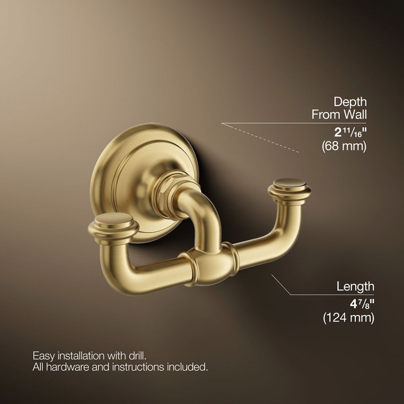 Artifacts® Double Wall Mounted Robe Hook, Vibrant Brushed Moderne Brass