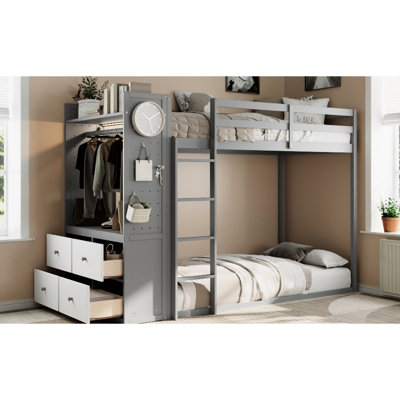 Gray Twin Bunk Bed With Hanging Rail, 4 Deep - Drawers, Strip, Built In Shelves And Dual For Modern Living Spaces Storage Integrated Wardrobe, Smart Illumination, Color Bedroom Organizational