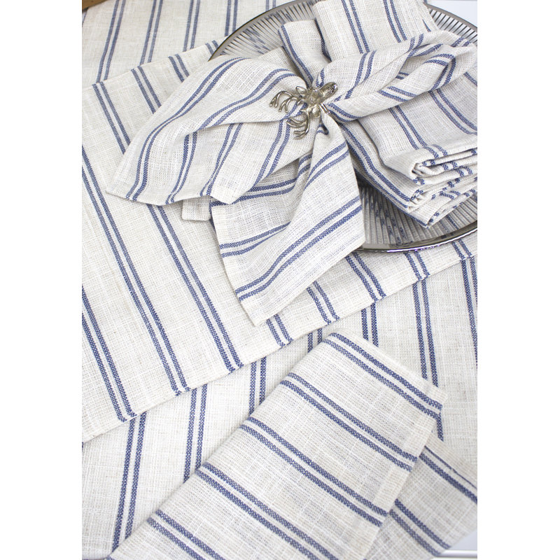 Beige-white Modern Striped Linen Blend Table Runner, 72" x 16" , Indigo/White