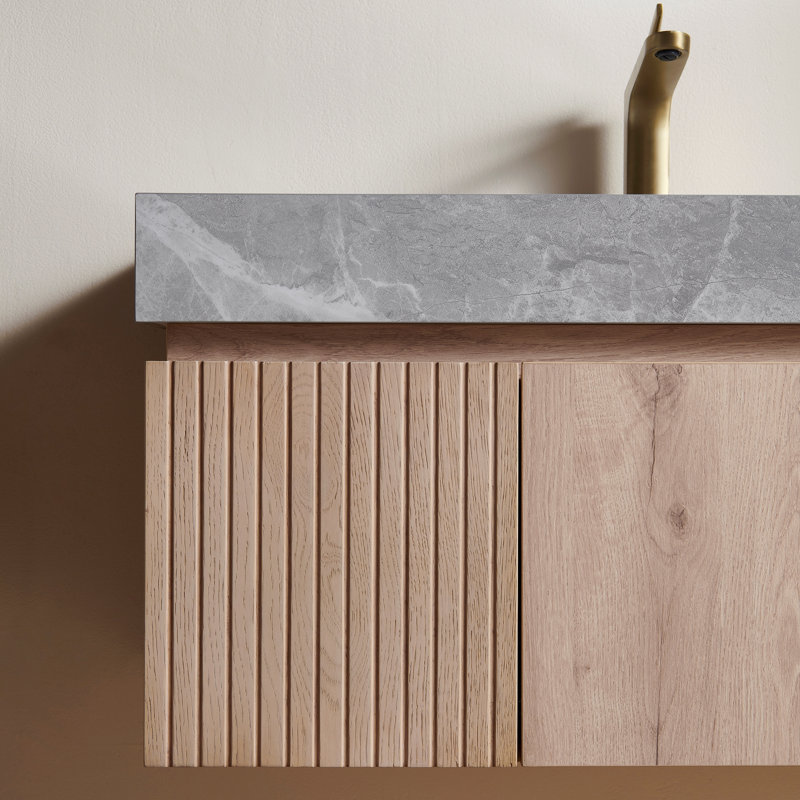 Luxstone Modern Luxury Vanity with Sintered Stone Countertop and Ceramic Basin, White Oak