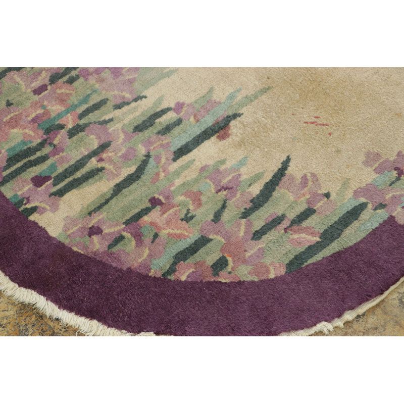 Antique Chinese Art Deco Oval Rug With Rising Irises And Lilac Border