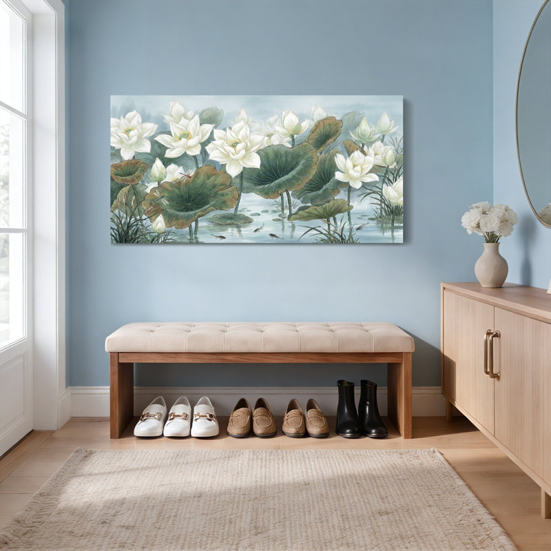 Ensemble de 1 tableau sur toile tendue représentant des fleurs de lotus blanches et des feuilles vertes, 4824