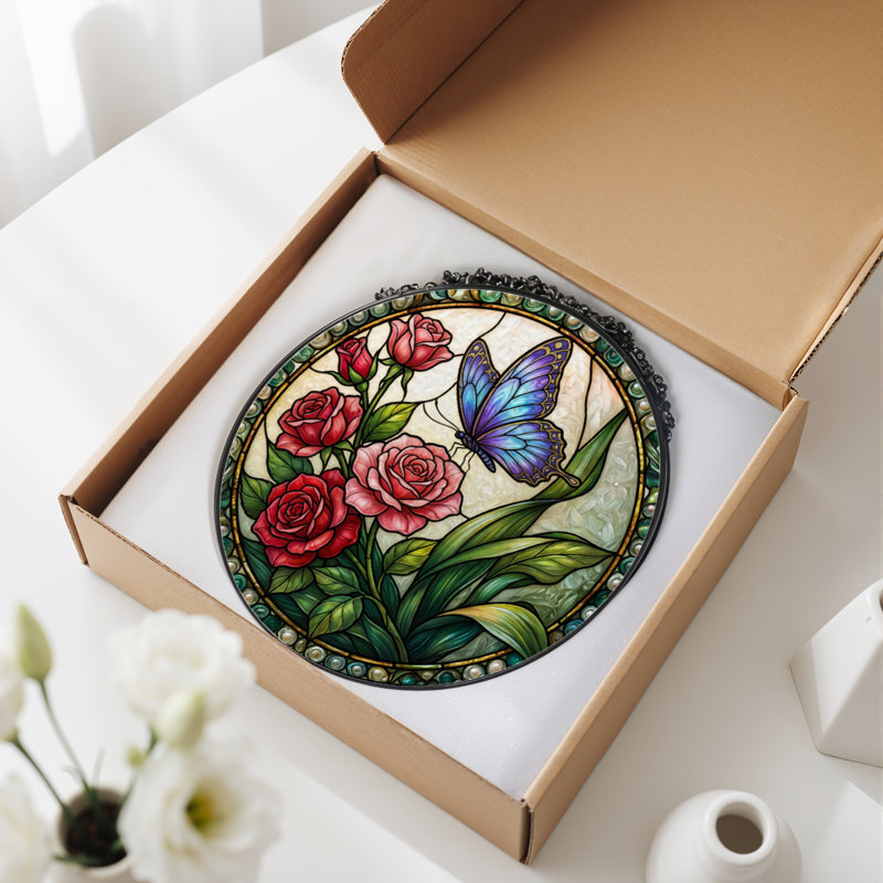 Panneau de vitrail 12 "H Roses Butterfly, H 12 po x l 12 po