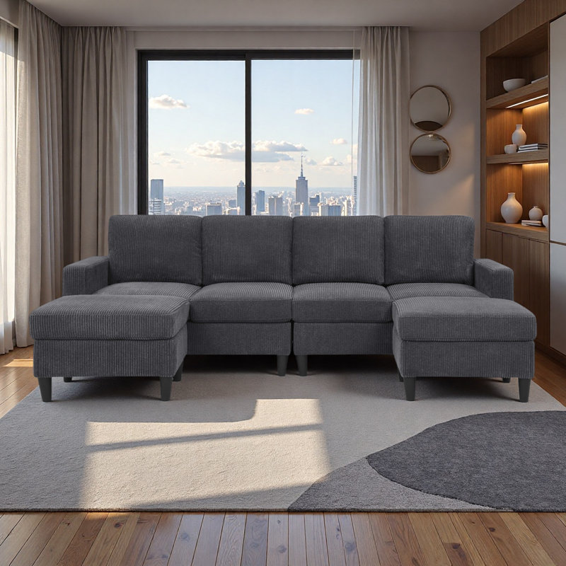 Canapé modulaire rembourré avec 2 repose-pieds, Gris foncé
