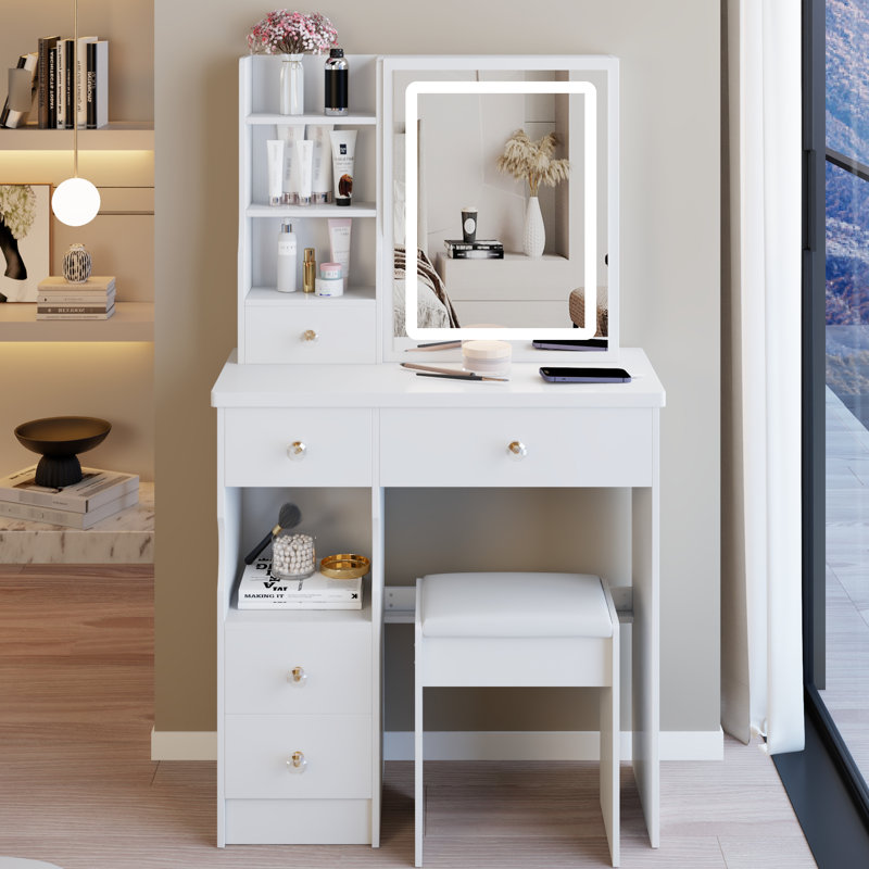 Table de coiffeuse de 29,2 po avec tiroir à gauche et tabouret rembourré, miroir à DEL réglable à luminosité tricolore, convient aux espaces compacts coulissants, espaces idéaux