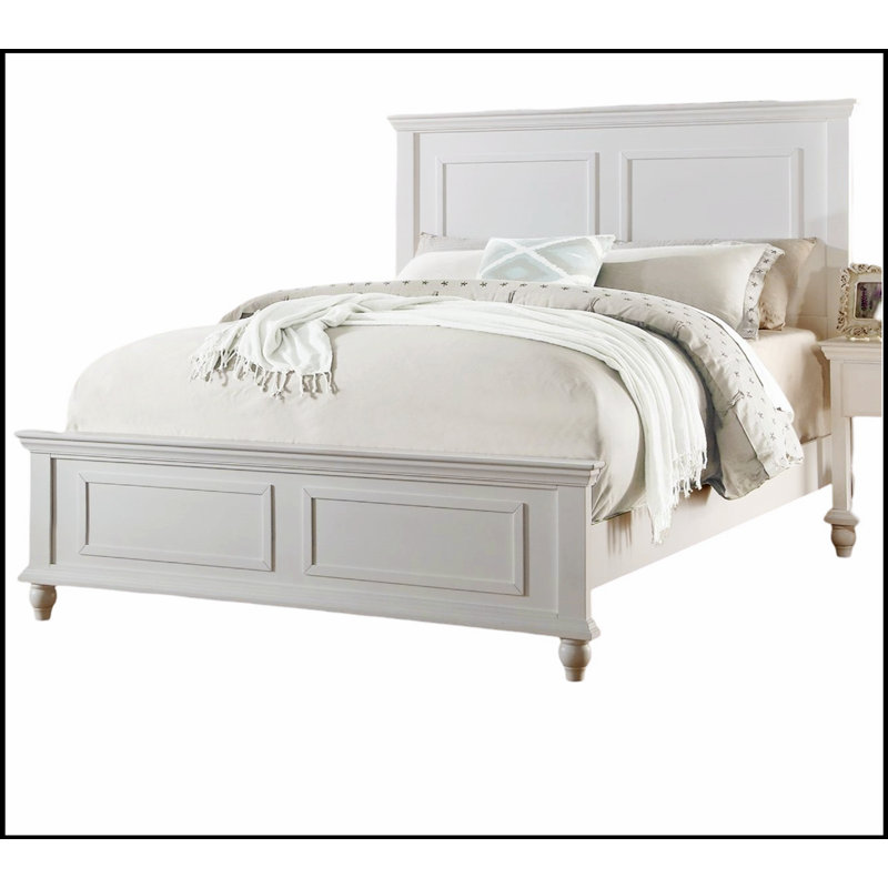 Luxueux lit blanc avec tête et pied de lit à panneau haut, fabrication en contreplaqué durable pour les chambres modernes.