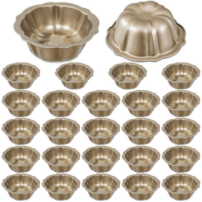 Fluted Mini Cake Pan Nonstick Fluted Cake Pan Carbon Steel Tube Metal Tube Oven Baking Mold with Flower Shape for Cupcake, 24 Pcs, (Gold)