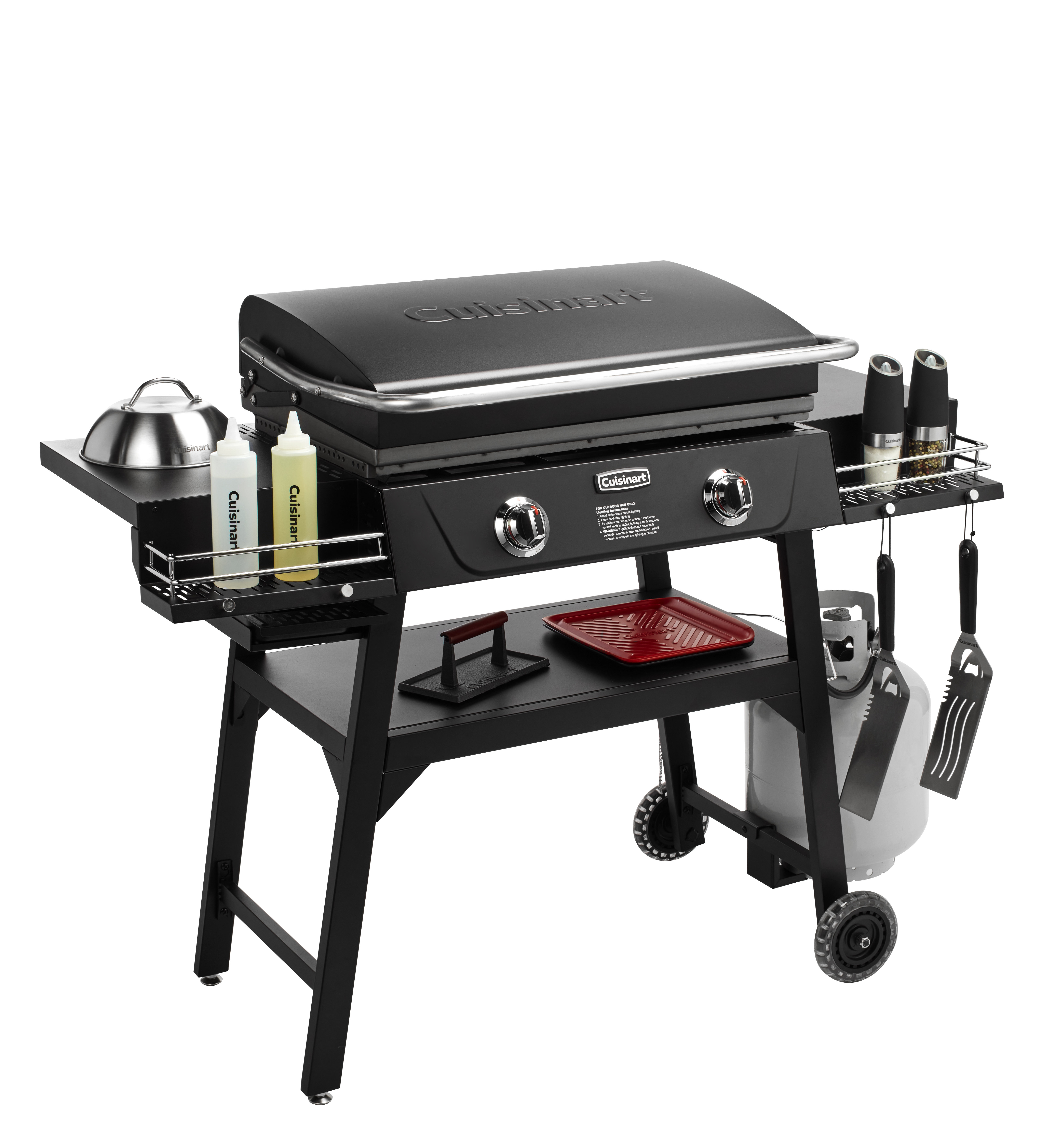 2-Burner 28” Outdoor Griddle with Hood - Stainless Steel Dual Burner 30,000 BTU Gas Griddle, Wheels, 504 Sq. In. Cooking Surface with 2 Side Tables for Storage