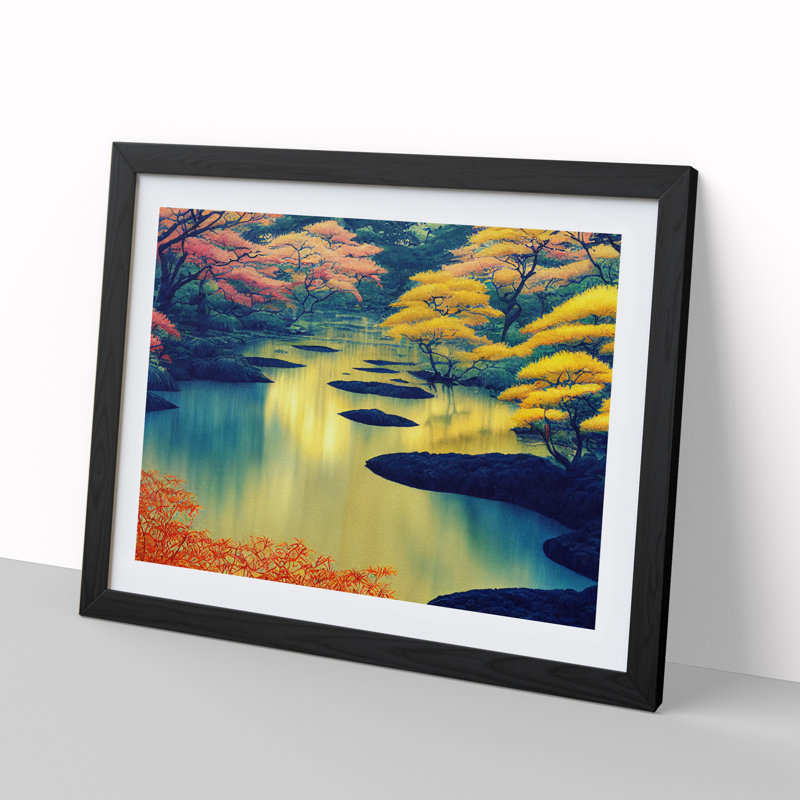 Colourful Japanese Forest - Painting, Black Framed, 46cm H x 64cm W x 2cm D