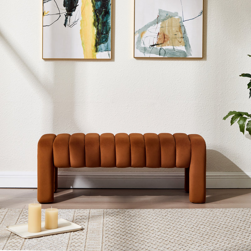 Banc rembourré sans dossier Oyan, H 17 po x l 43,3 po x P 17,3 po, Velours brun