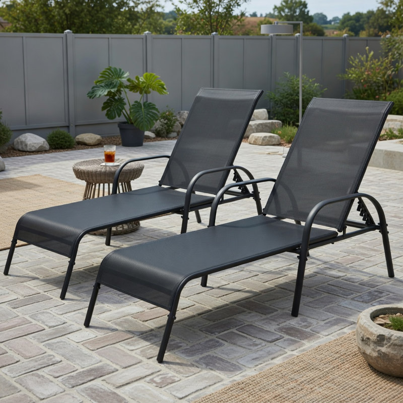 2-Pack Adjustable Outdoor Chaise Lounge Chairs with Sun-Resistant Fabric & Sturdy Steel Frame for Patio, Poolside, Backyard – Black, Brown, Gray, Navy