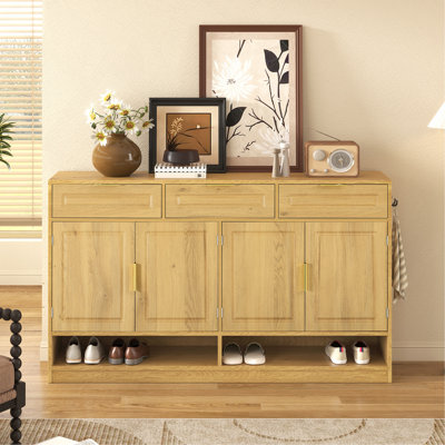 Sideboard 59.1" U-Style Farmhouse With 3-Drawers And 4-Doors, Multi-Functional Storage Buffet Cabinet With Adjustable Shelf And Open Storage Compartme