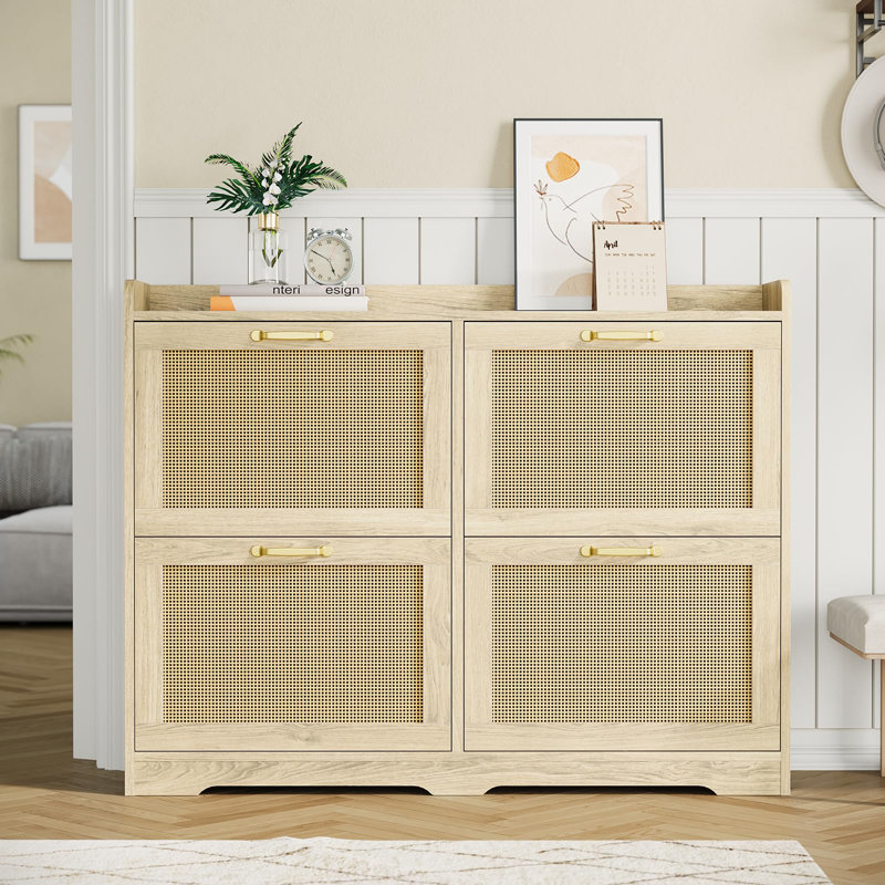 Rattan Shoe Cabinet with 4 Flip Drawers, Breathable Hidden Shoe Storage for Entryway