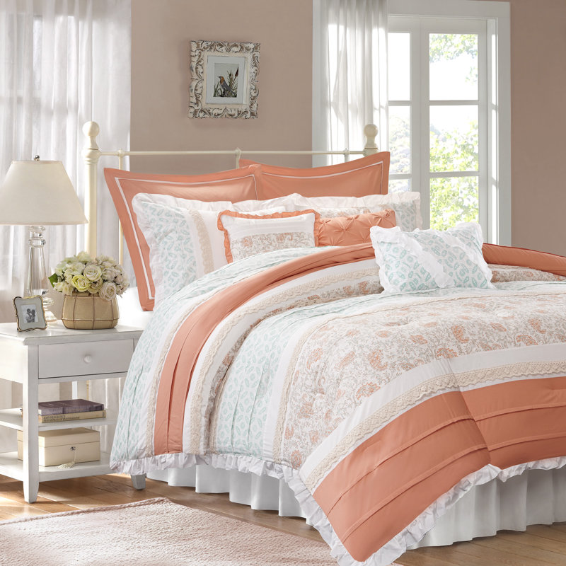Ensemble d'édredon en percale de coton 9 pièces Dawn, Très grand édredon et 8 pièces supplémentaires, Corail