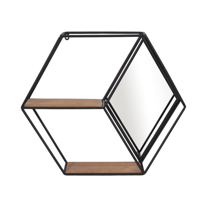 Geometric Metal and Wood Wall Storage with Mirror Accents, Modern Hexagonal Floating Shelf, Stylish Decorative Organizer