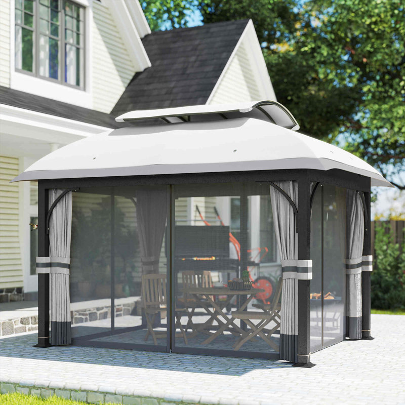 Pavillon de jardin à double toit avec filet et rideaux, Gris clair