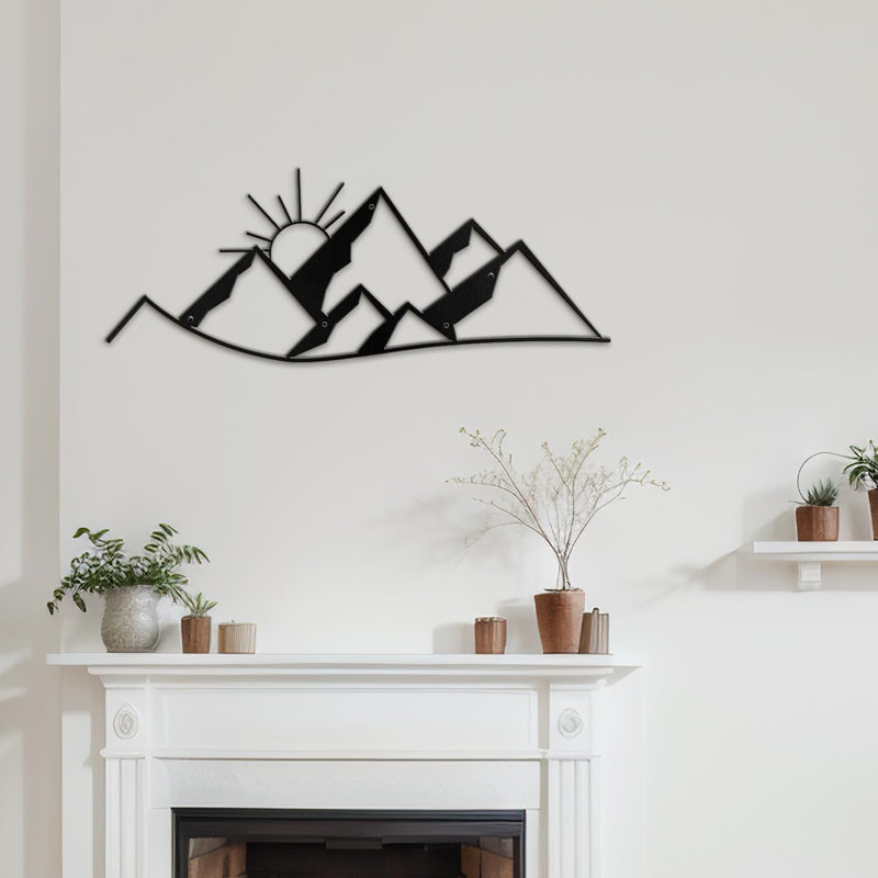 Décoration murale abstraite décorative en métal Sunrise over Mountain Decor, H 14,04 po x l 36 po x P 0,05 po, Noir