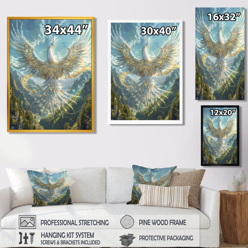 Glorious White Phoenix Rising In Magic Mountains - Phoenix, art mural, H 32 po x l 16 po x P 1 po, Toile tendue