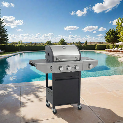 3+1 Burner Propane Gas Grill with Side Burner, Stainless Steel BBQ Grill 38,500 BTU for Outdoor Cooking Kitchen, Garden and Patio Backyard Barbecue,  Black and Silver