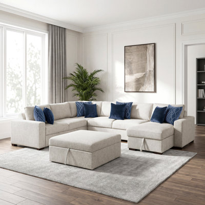 Canapé modulaire moderne et contemporain Orrin - Très grand canapé modulaire en microfibre 6 pièces avec lit escamotable, méridienne de rangement, repose-pieds roulant et 8 coussins.