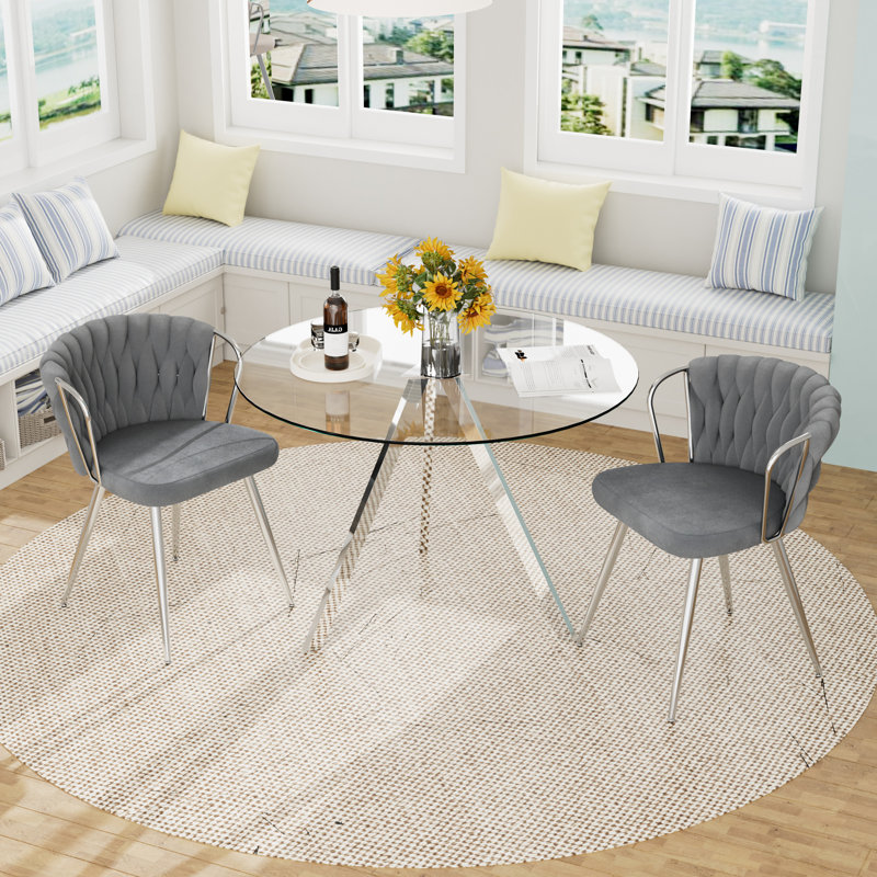 Ensemble de table ronde en verre pour 2 à 4 personnes, H 29,5 po x l 47 po x P 47 po, 3 pièces: table, 2 chaises, Gris