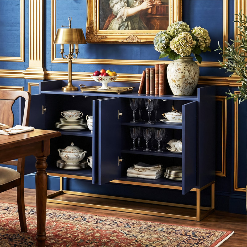 120CM Modern 4-Door Sideboard With Gold Metal Legs, Handle-Free Push-To-Open Buffet Cabinet With Raised Top Edge, Navy