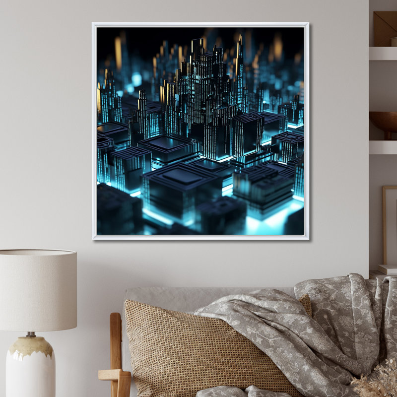 " 3D Cityscape Future Architecture Turquoise I ", 16" H x 16" W, White Picture Framed