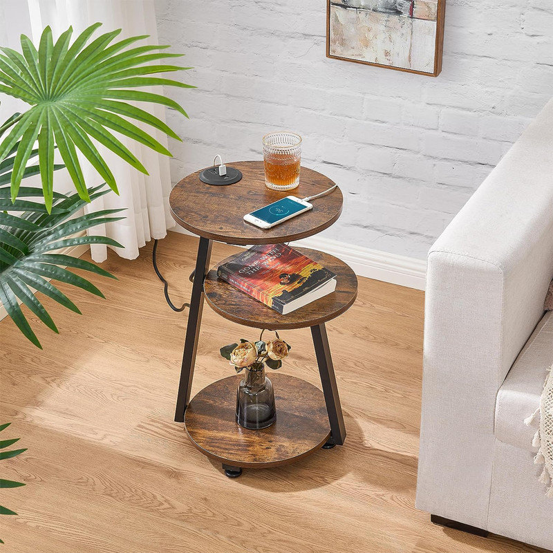 Round End Table Side Table with Metal Frame, Greige-charging Station, Rustic Brown
