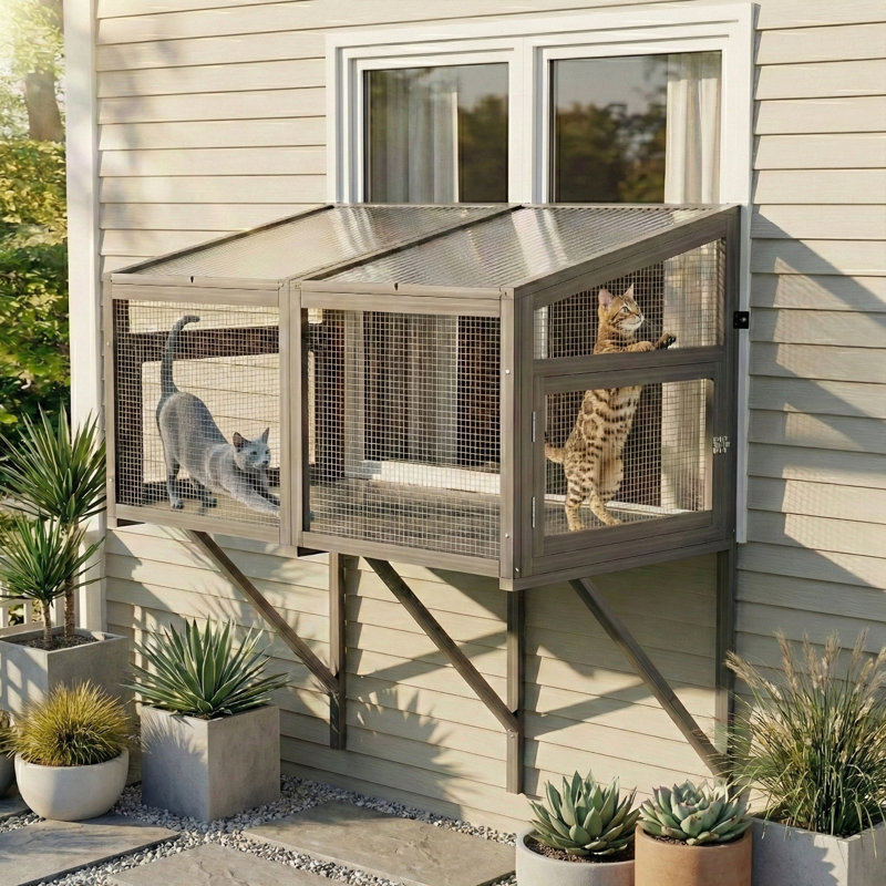 Wooden Cat Catio Window Box Enclosure, Expandable Window Perch House, Secure Indoor Outdoor Haven For Multi Cats
