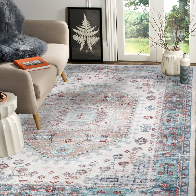 Tapis Boho Vintage Medallion, Blanc / Vert / Jaune, Rectangle 5 pi x 7 pi