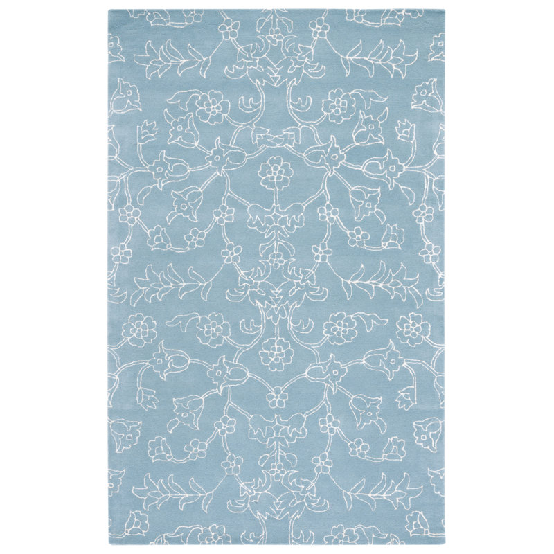 Tapis floral en laine fabriqué à la main bleu / ivoire, Rectangulaire 3 pi x 5 pi