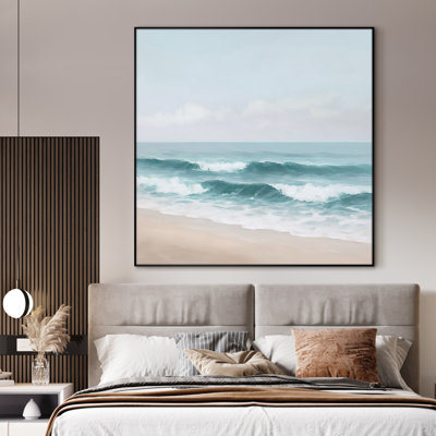 Extra Large Wall Art Fabric Print - Coastal Ocean Waves Tranquil Beach and Sea Coastal Artwork Decor for Living Room or Bedroom - "Frame Assembly Required (Unfinished Frame)"