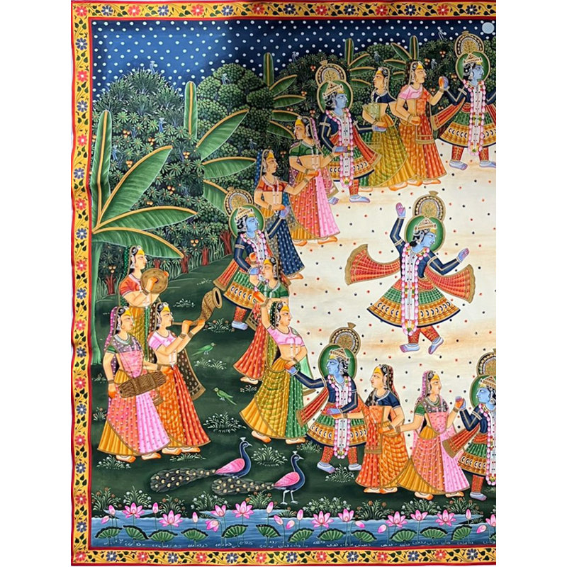 Le dieu indien Krishna dansant avec des villageois | Art Pichwai